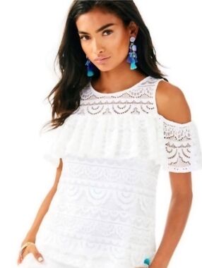 Lilly Pullitzer White Scalloped Lace Cold Shoulder Flutter Sleeve Blouse L